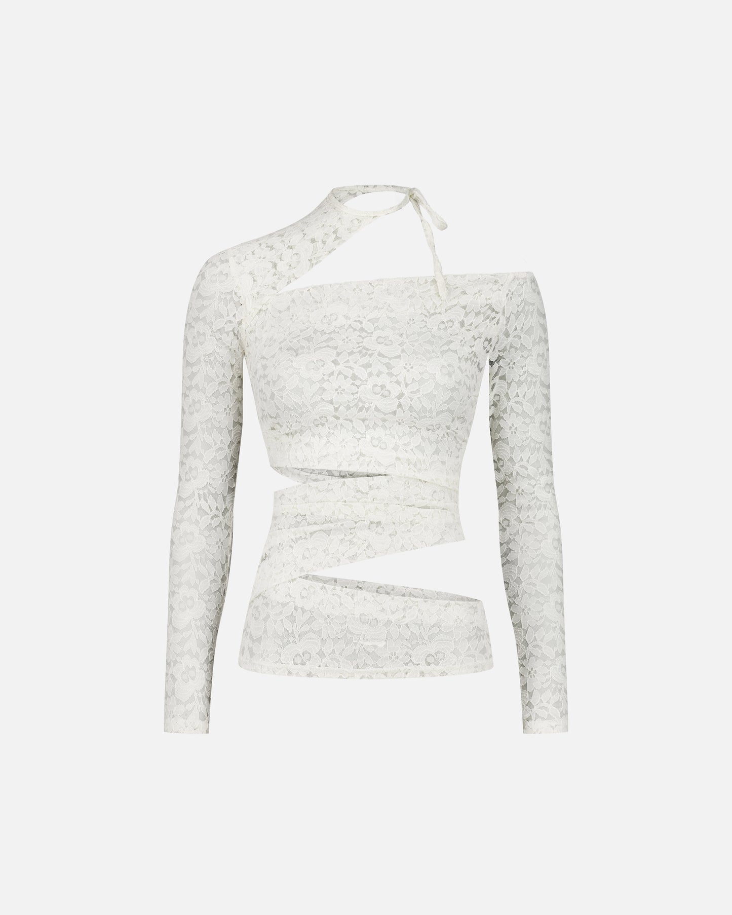 LONG SLEEVE LACE TOP WITH ASYMMETRIC CUT-OUTS