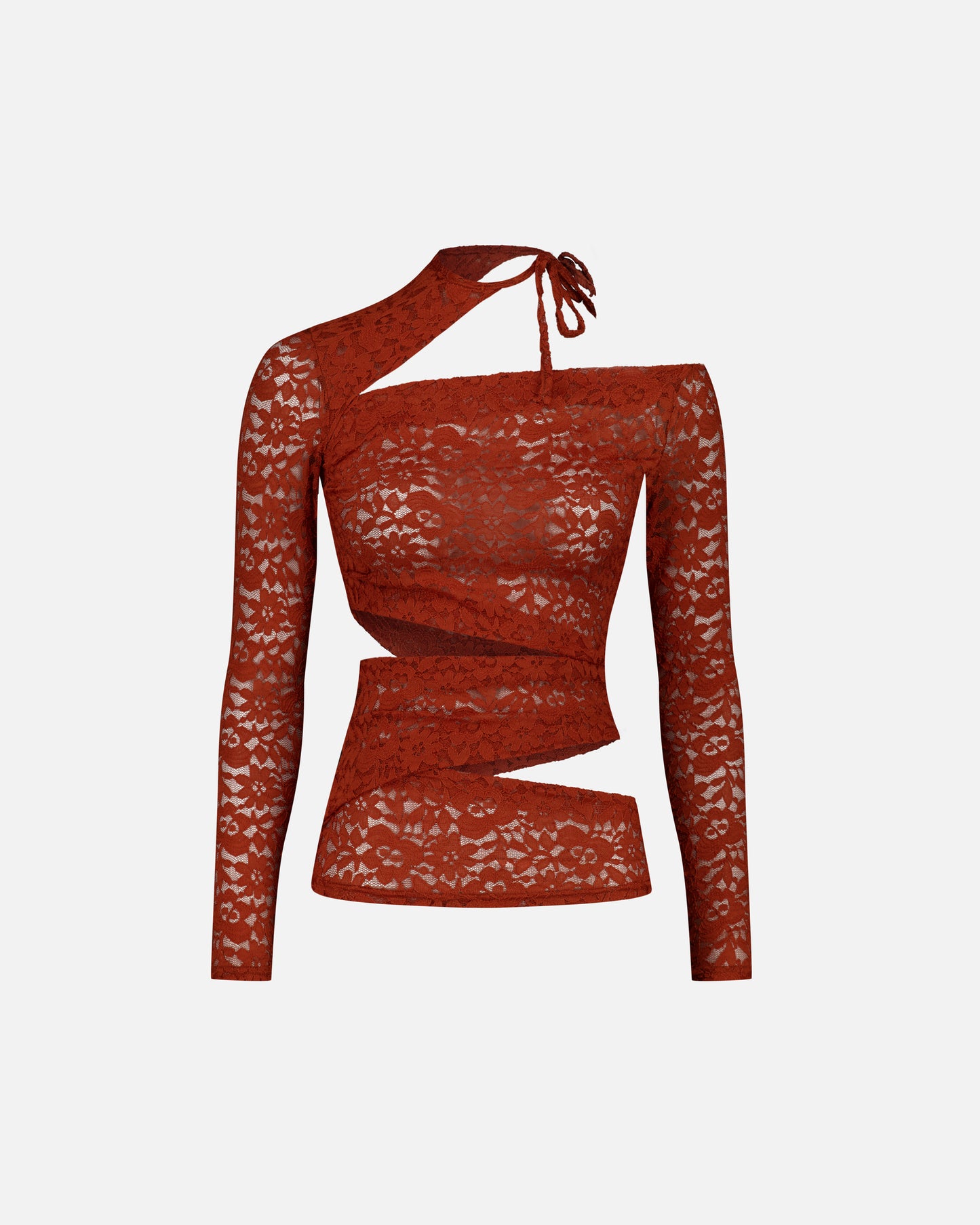 LONG SLEEVE LACE TOP WITH ASYMMETRIC CUT-OUTS