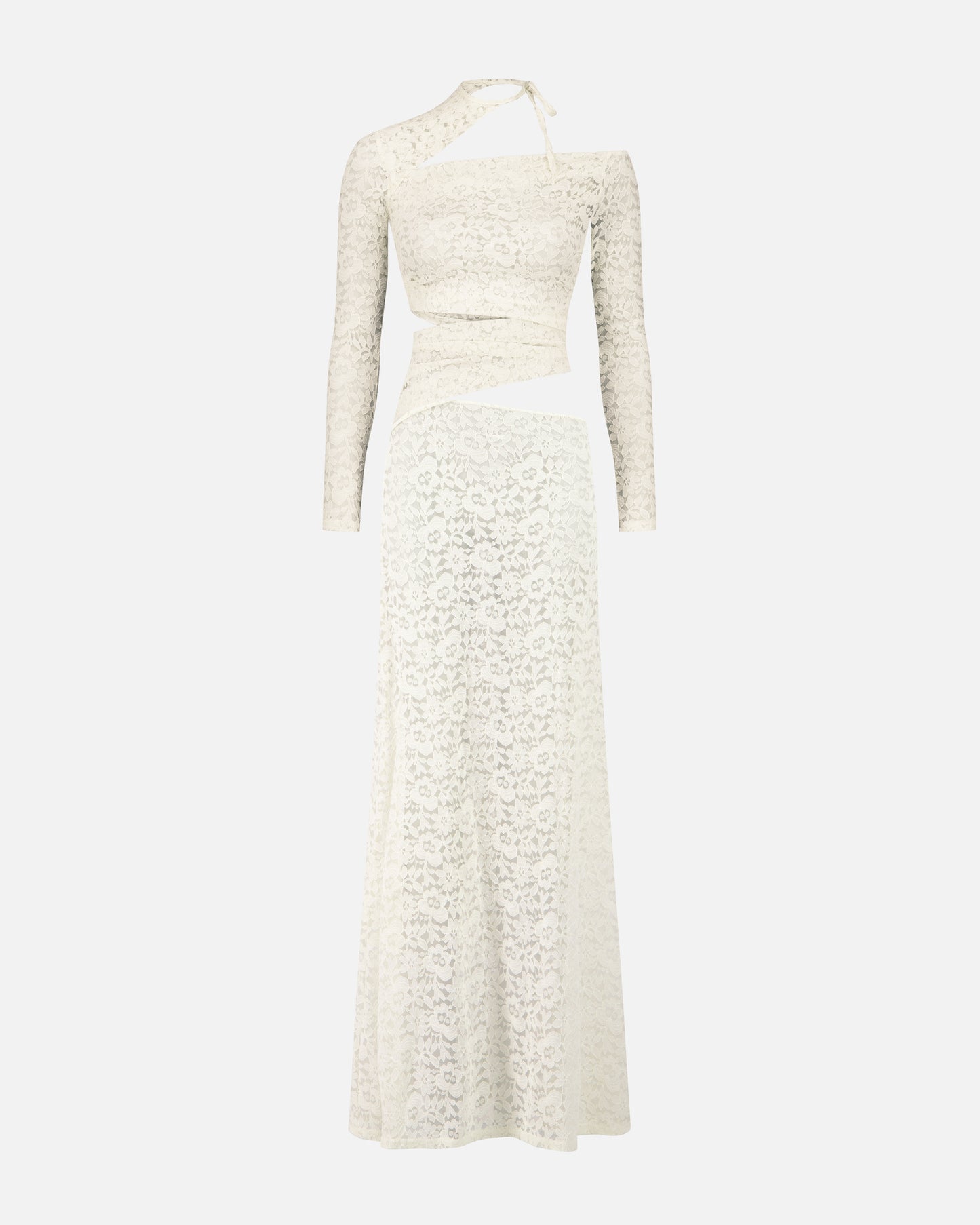 LONG DRESS IN LACE WITH ASYMMETRIC CUT-OUTS