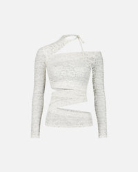 LONG SLEEVE LACE TOP WITH ASYMMETRIC CUT-OUTS