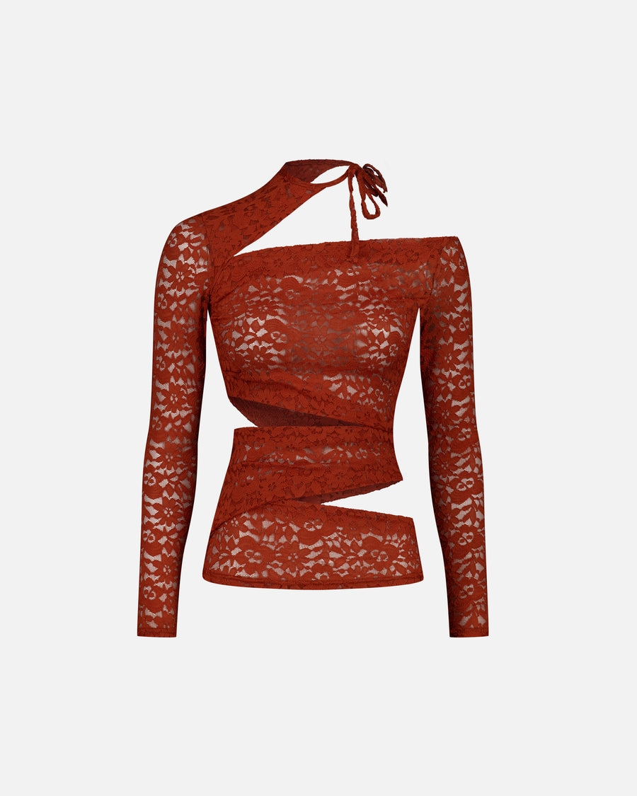 LONG SLEEVE LACE TOP WITH ASYMMETRIC CUT-OUTS