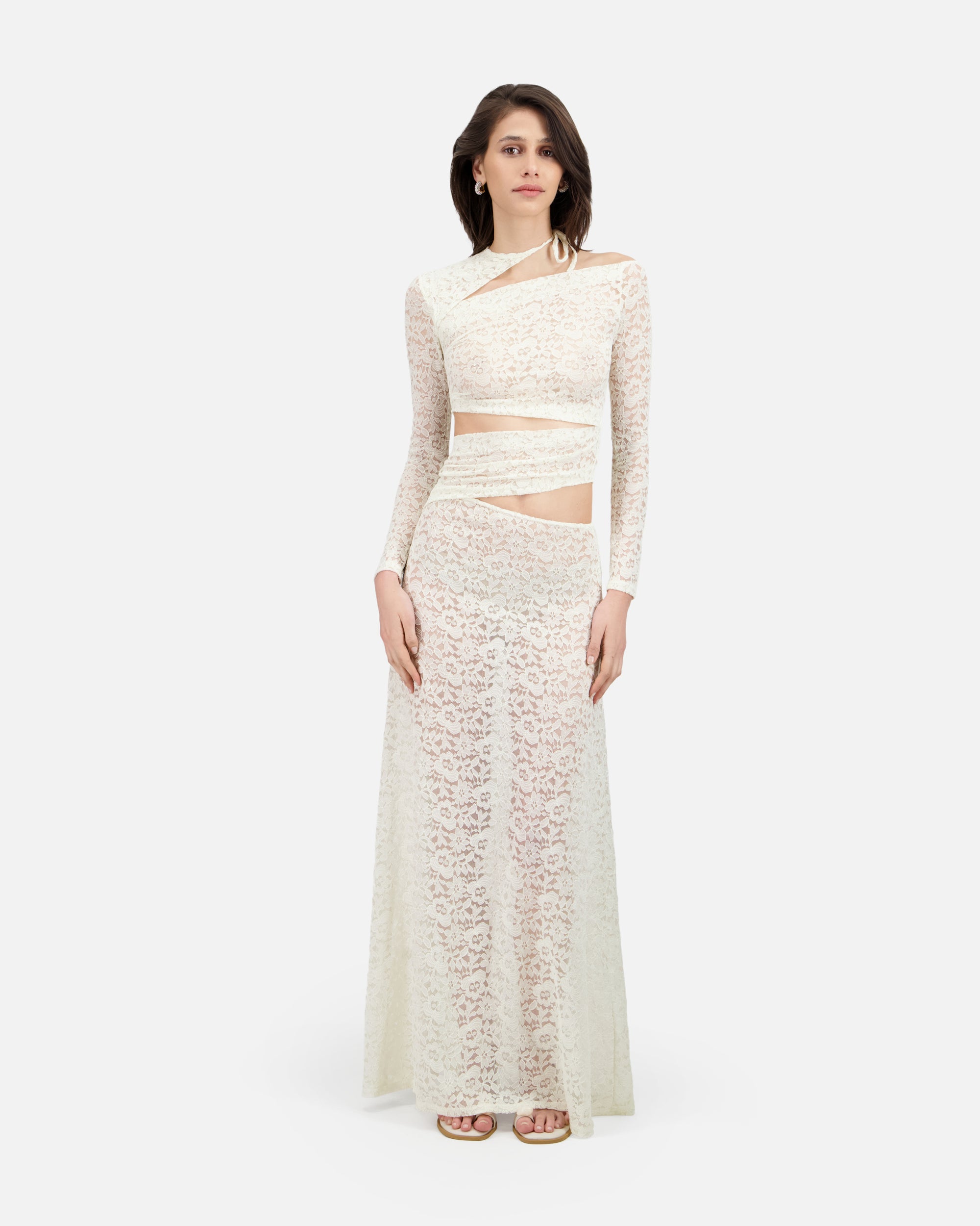 LONG DRESS IN LACE WITH ASYMMETRIC CUT-OUTS