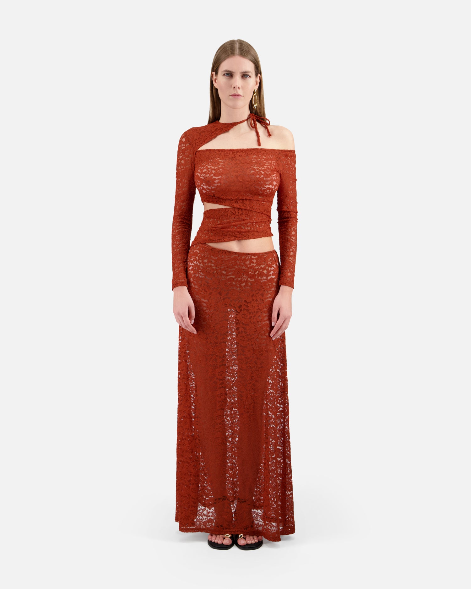 LONG DRESS IN LACE WITH ASYMMETRIC CUT-OUTS