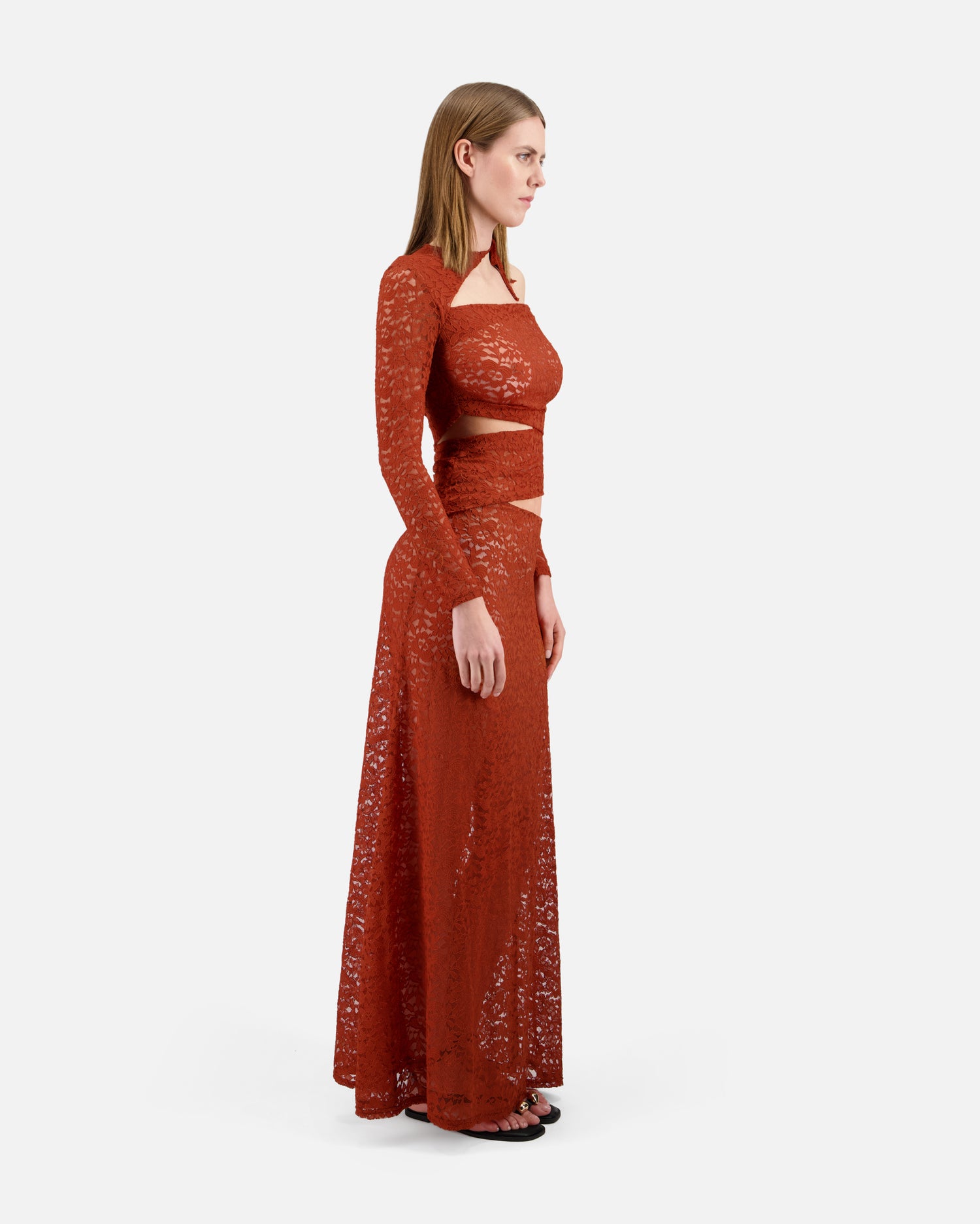 LONG DRESS IN LACE WITH ASYMMETRIC CUT-OUTS